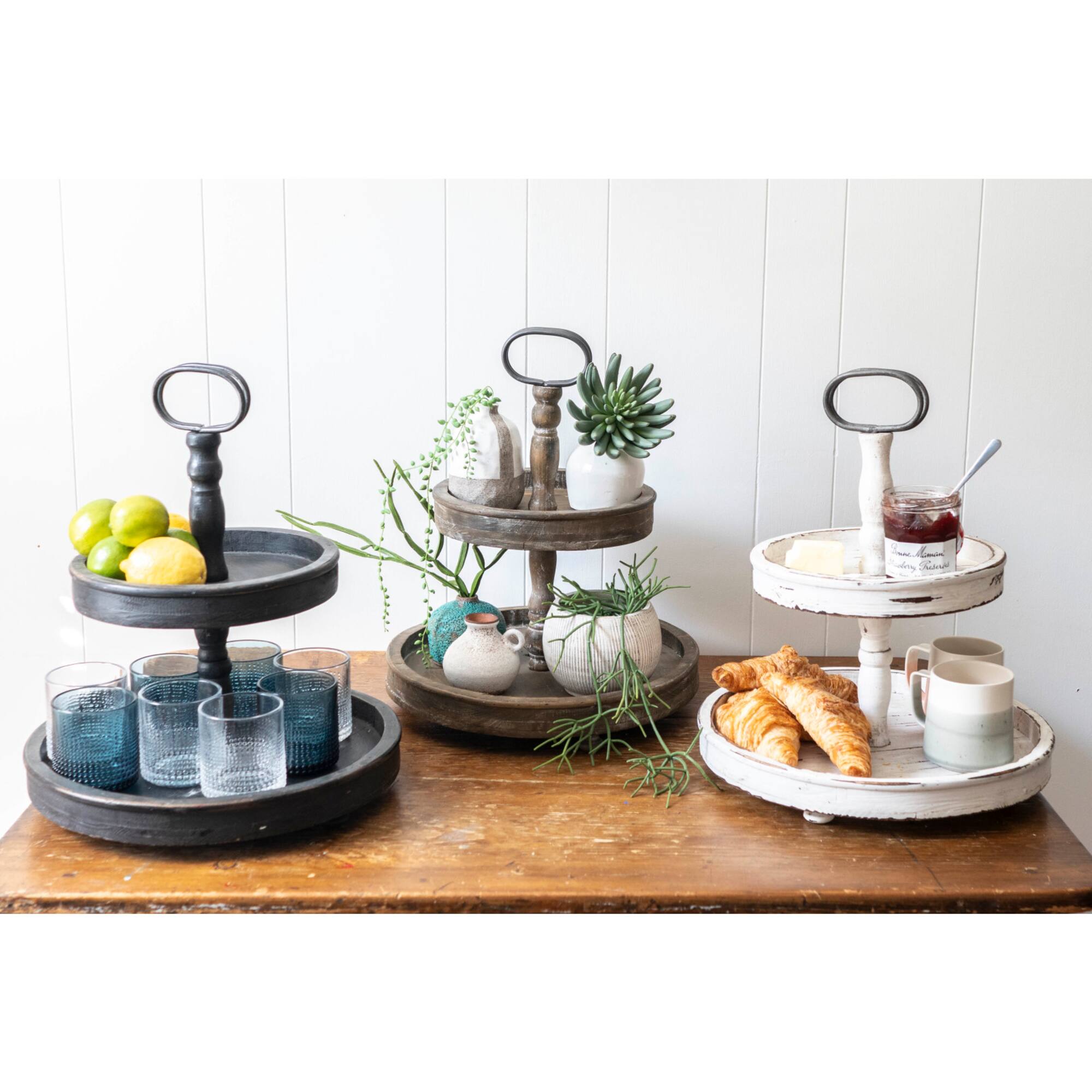 Hello Honey® 18.5" Distressed Cream Wood 2-Tier Tray